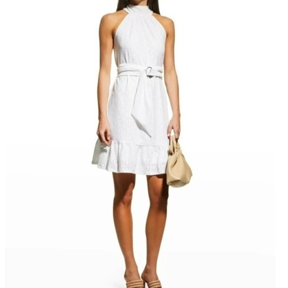 MICHAEL Michael Kors White Eyelet Mock Neck Belted Mini Dress Size Small